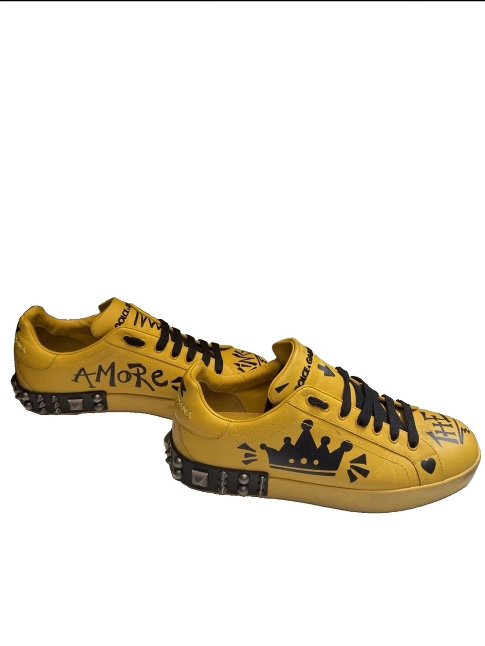 Dolce & Gabbana Yellow Leather Graffiti Sneakers with Black Accents